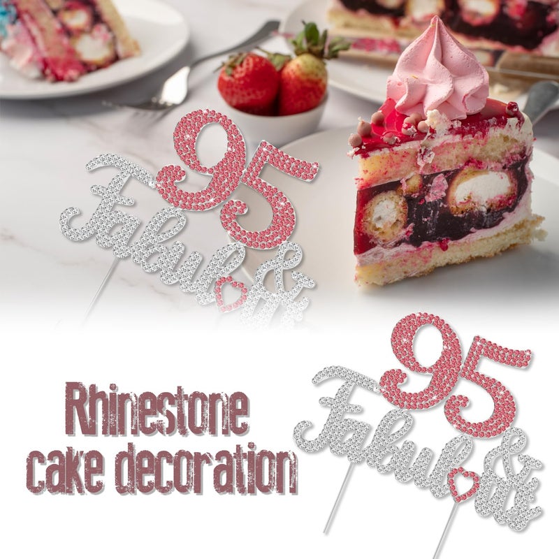 LASKYER 95 & Fabulous Peach Red & Silver Rhinestone Cake Topper - Happy 95th Birthday Cheers to 95 Years Old Bday Party Metal Sparkly Food Centerpieces Topper Decorations Keepsake. - Image 3